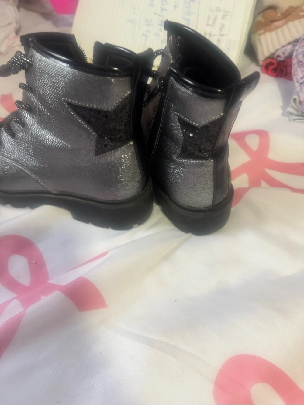 Girls' Shimmering Gray Lace-Up Ankle Boots